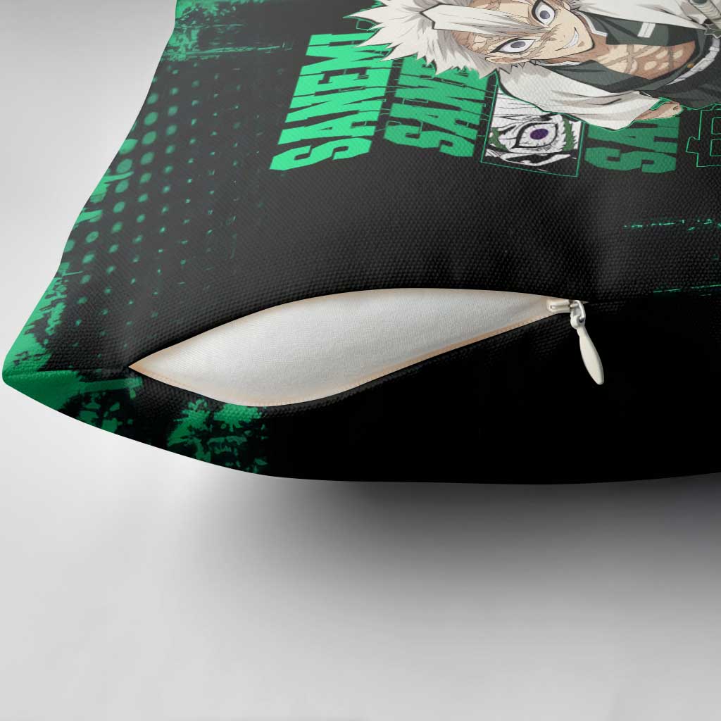 Sanemi Shinazugawa Demon Slayer Green and Black Grunge Pillow Cover Design with Intense Eyes and Wind Hashira Theme - The Mazicc