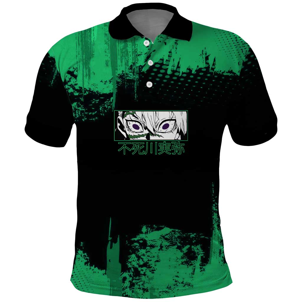 Sanemi Shinazugawa Demon Slayer Green and Black Grunge Polo Shirt Design with Intense Eyes and Wind Hashira Theme - The Mazicc