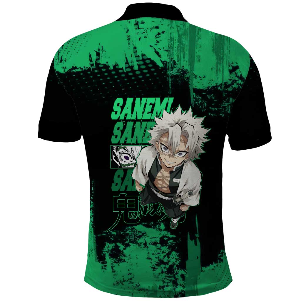 Sanemi Shinazugawa Demon Slayer Green and Black Grunge Polo Shirt Design with Intense Eyes and Wind Hashira Theme - The Mazicc
