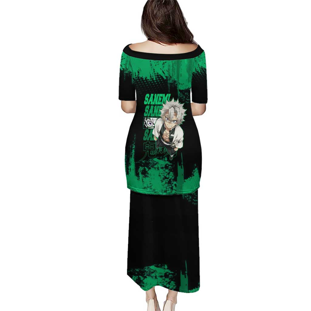 Sanemi Shinazugawa Demon Slayer Green and Black Grunge Puletasi Design with Intense Eyes and Wind Hashira Theme - The Mazicc