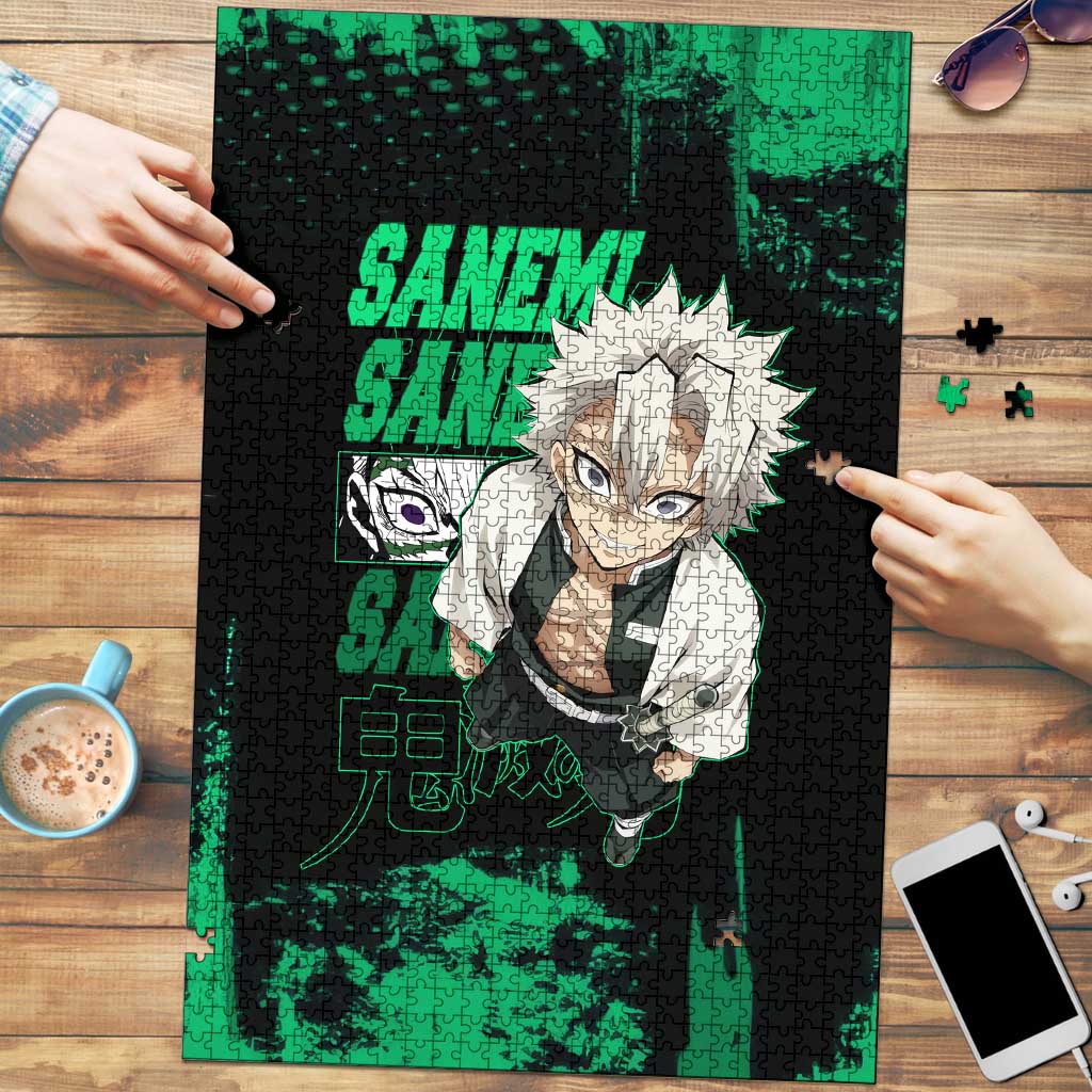 Sanemi Shinazugawa Demon Slayer Green and Black Grunge Puzzle Design with Intense Eyes and Wind Hashira Theme - The Mazicc