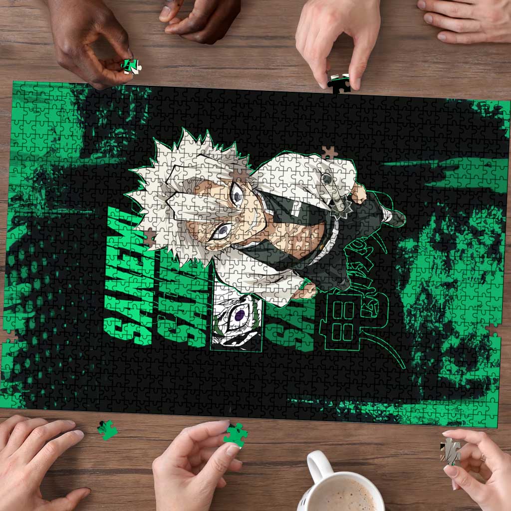 Sanemi Shinazugawa Demon Slayer Green and Black Grunge Puzzle Design with Intense Eyes and Wind Hashira Theme - The Mazicc