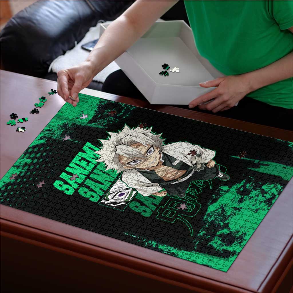 Sanemi Shinazugawa Demon Slayer Green and Black Grunge Puzzle Design with Intense Eyes and Wind Hashira Theme - The Mazicc