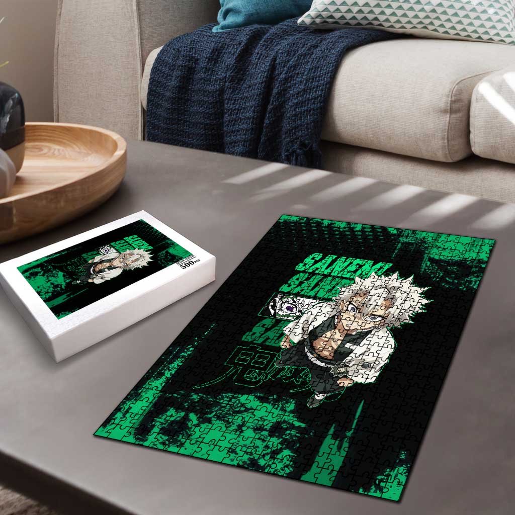 Sanemi Shinazugawa Demon Slayer Green and Black Grunge Puzzle Design with Intense Eyes and Wind Hashira Theme - The Mazicc