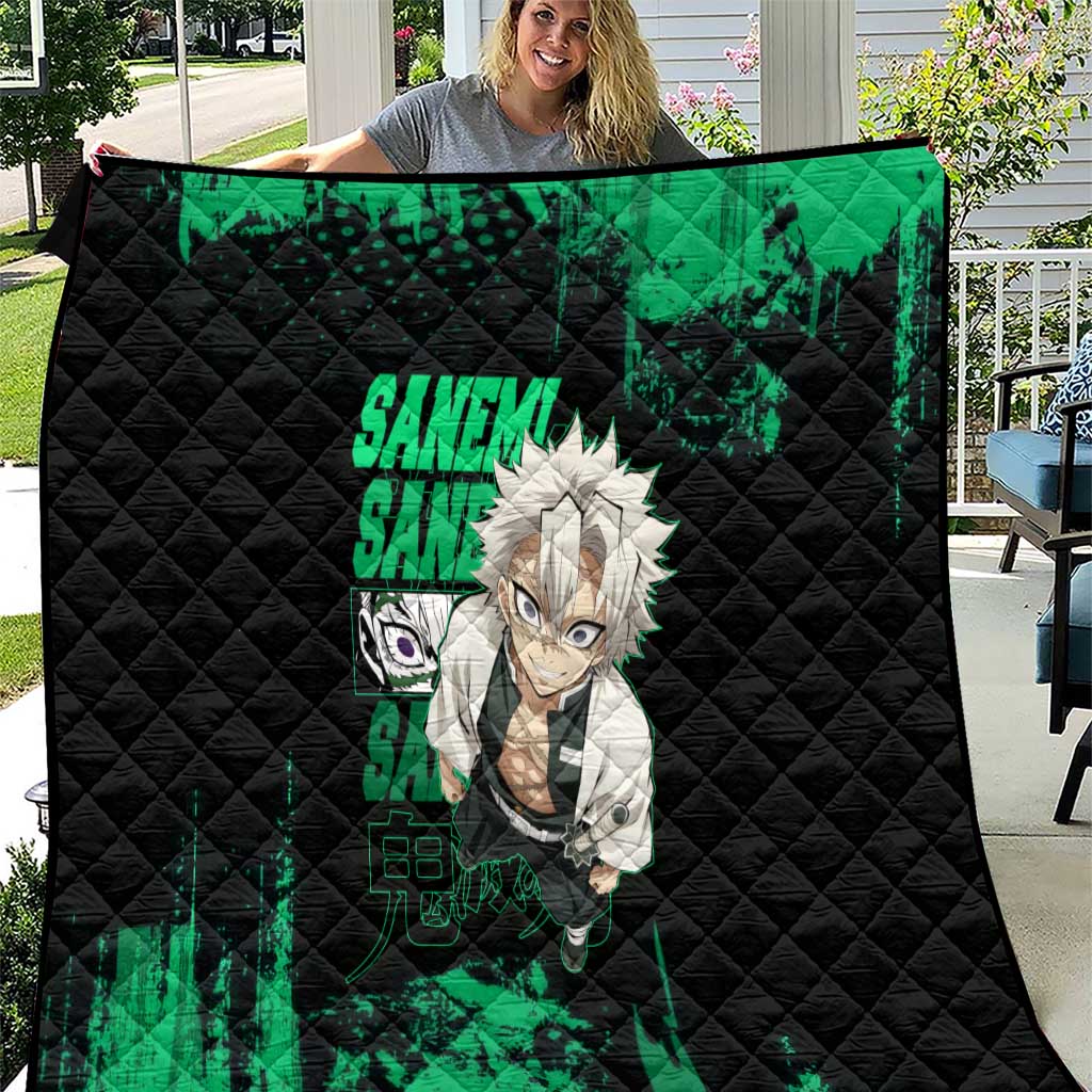 Sanemi Shinazugawa Demon Slayer Green and Black Grunge Quilt Design with Intense Eyes and Wind Hashira Theme - The Mazicc