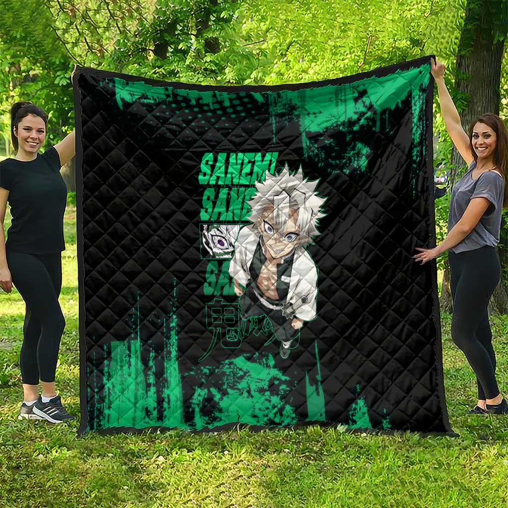 Sanemi Shinazugawa Demon Slayer Green and Black Grunge Quilt Design with Intense Eyes and Wind Hashira Theme - The Mazicc