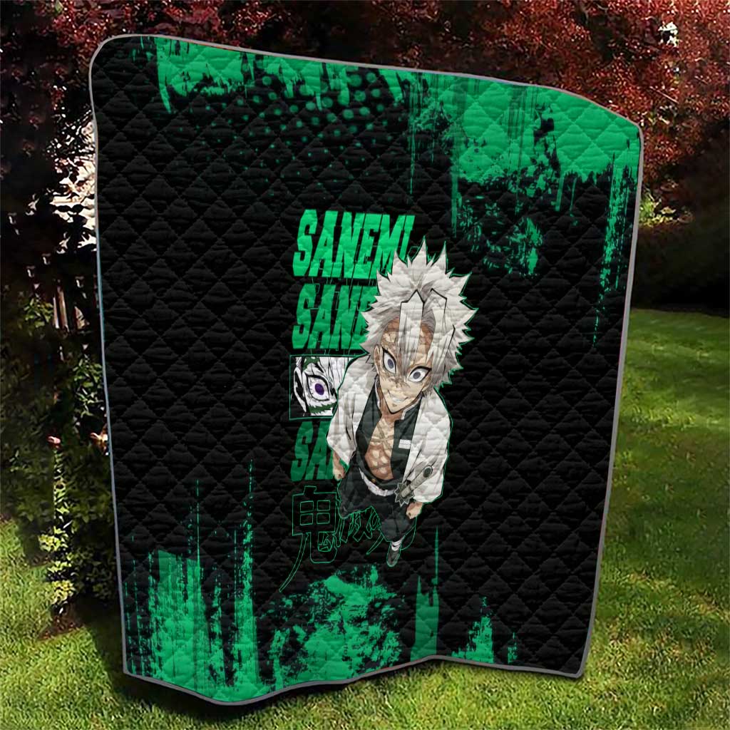 Sanemi Shinazugawa Demon Slayer Green and Black Grunge Quilt Design with Intense Eyes and Wind Hashira Theme - The Mazicc