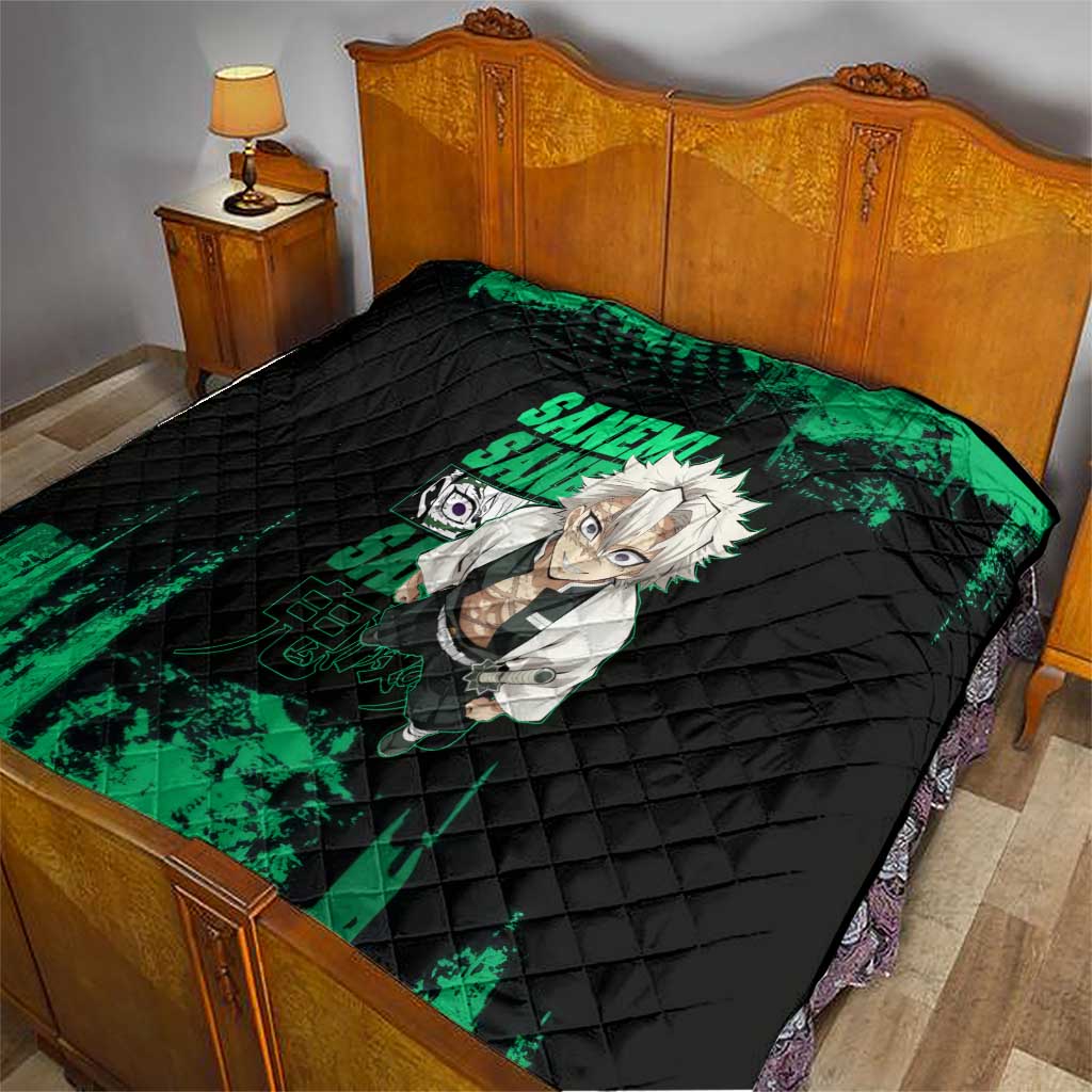 Sanemi Shinazugawa Demon Slayer Green and Black Grunge Quilt Design with Intense Eyes and Wind Hashira Theme - The Mazicc