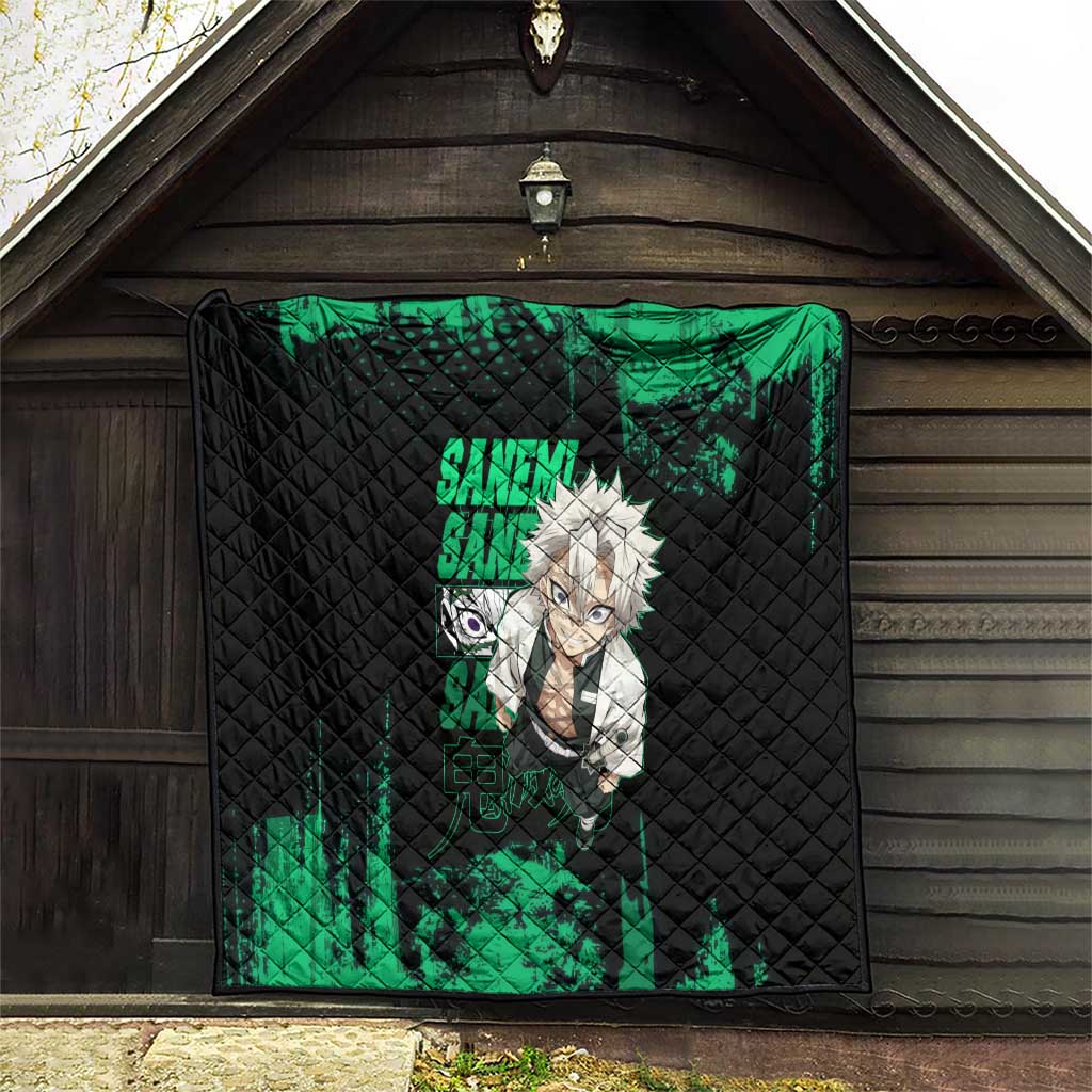 Sanemi Shinazugawa Demon Slayer Green and Black Grunge Quilt Design with Intense Eyes and Wind Hashira Theme - The Mazicc