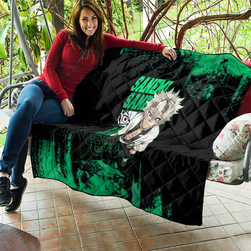 Sanemi Shinazugawa Demon Slayer Green and Black Grunge Quilt Design with Intense Eyes and Wind Hashira Theme - The Mazicc