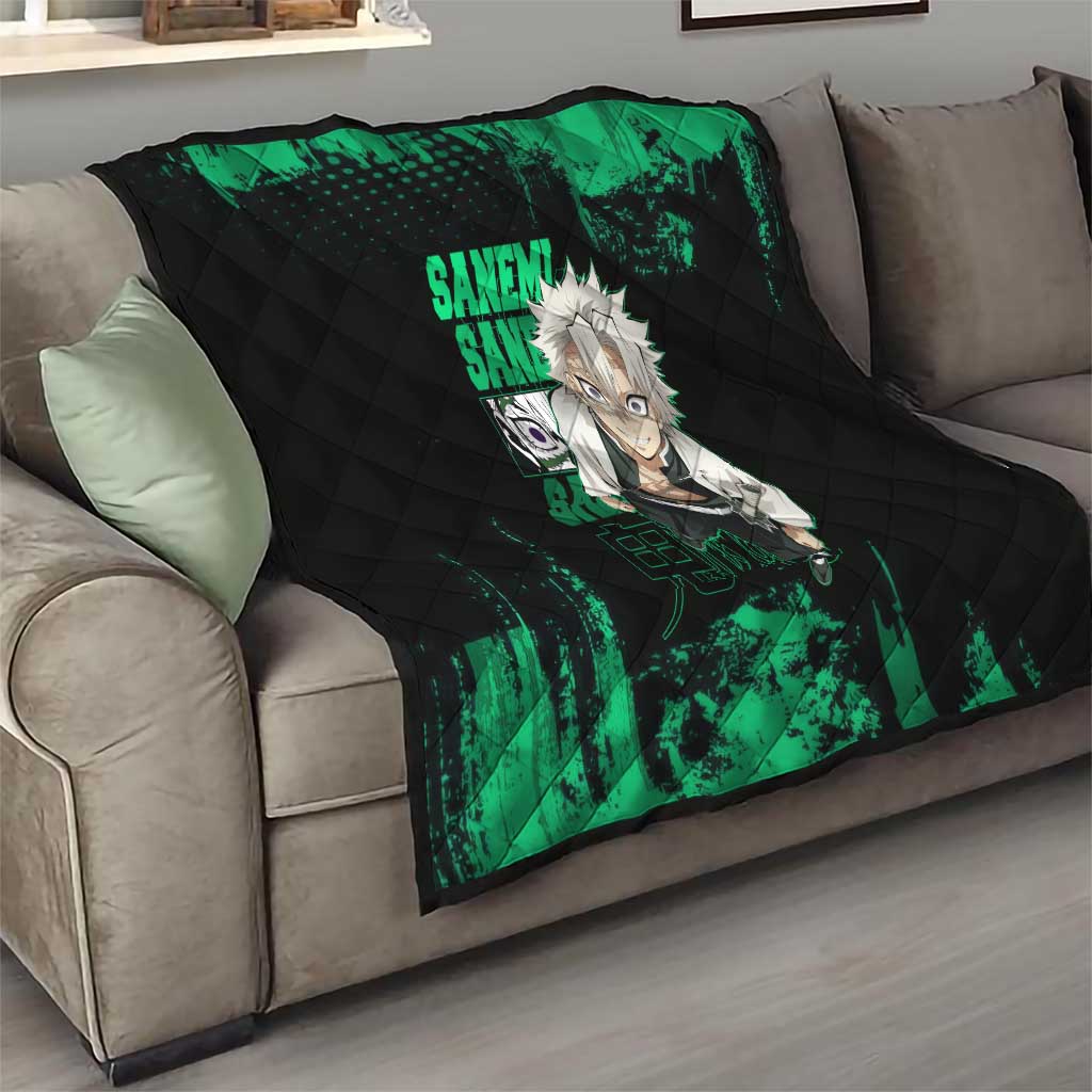 Sanemi Shinazugawa Demon Slayer Green and Black Grunge Quilt Design with Intense Eyes and Wind Hashira Theme - The Mazicc