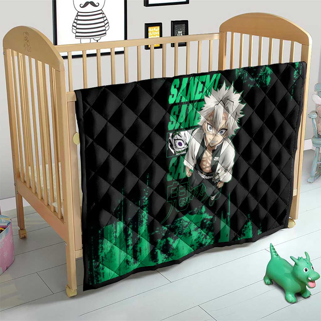 Sanemi Shinazugawa Demon Slayer Green and Black Grunge Quilt Design with Intense Eyes and Wind Hashira Theme - The Mazicc