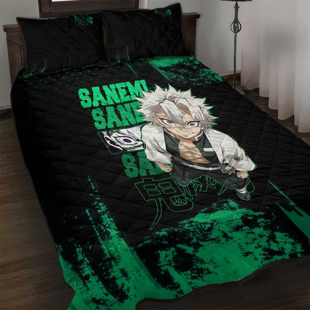 Sanemi Shinazugawa Demon Slayer Green and Black Grunge Quilt Bed Set Design with Intense Eyes and Wind Hashira Theme - The Mazicc