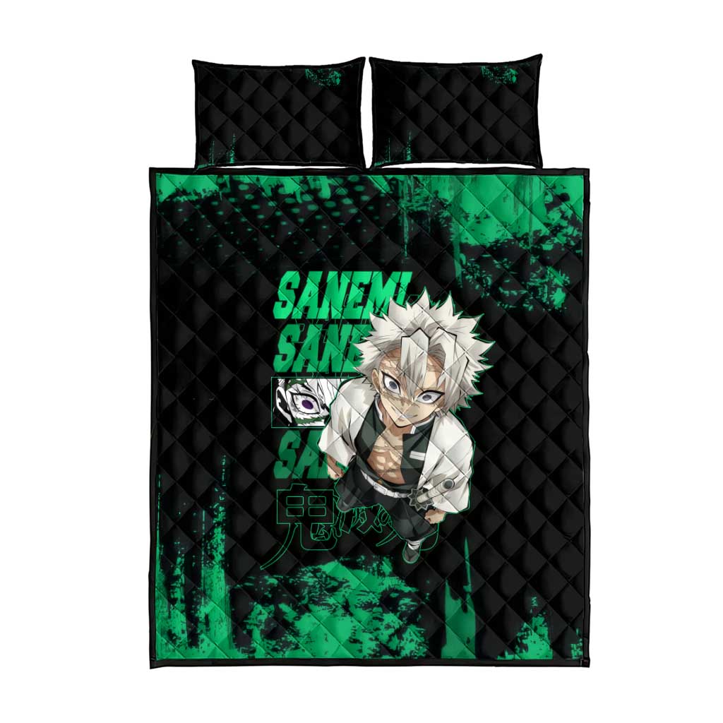 Sanemi Shinazugawa Demon Slayer Green and Black Grunge Quilt Bed Set Design with Intense Eyes and Wind Hashira Theme - The Mazicc