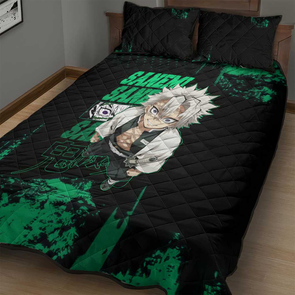 Sanemi Shinazugawa Demon Slayer Green and Black Grunge Quilt Bed Set Design with Intense Eyes and Wind Hashira Theme - The Mazicc