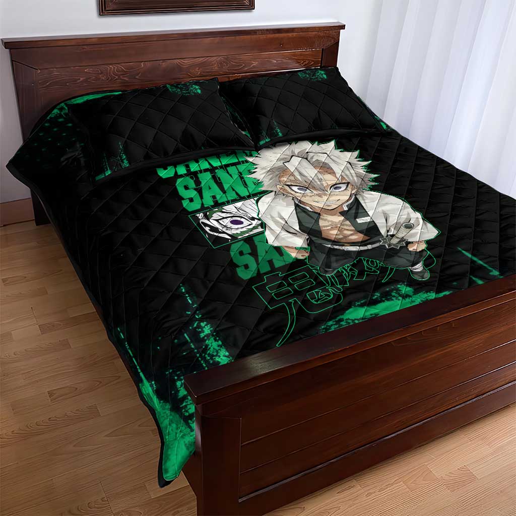 Sanemi Shinazugawa Demon Slayer Green and Black Grunge Quilt Bed Set Design with Intense Eyes and Wind Hashira Theme - The Mazicc