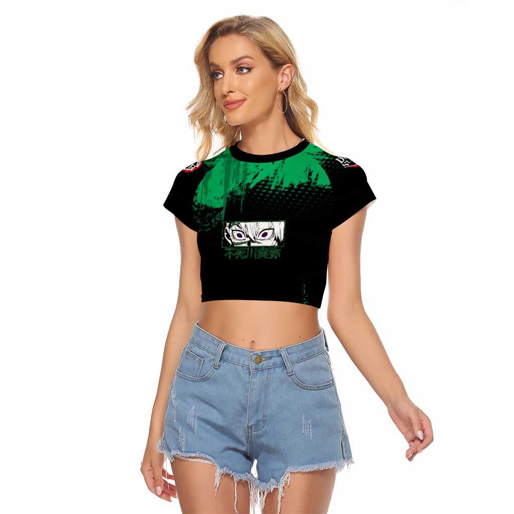 Sanemi Shinazugawa Demon Slayer Green and Black Grunge Raglan Cropped T Shirt Design with Intense Eyes and Wind Hashira Theme - The Mazicc