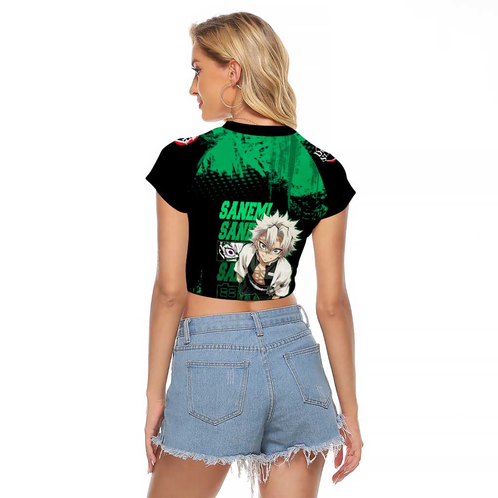 Sanemi Shinazugawa Demon Slayer Green and Black Grunge Raglan Cropped T Shirt Design with Intense Eyes and Wind Hashira Theme - The Mazicc