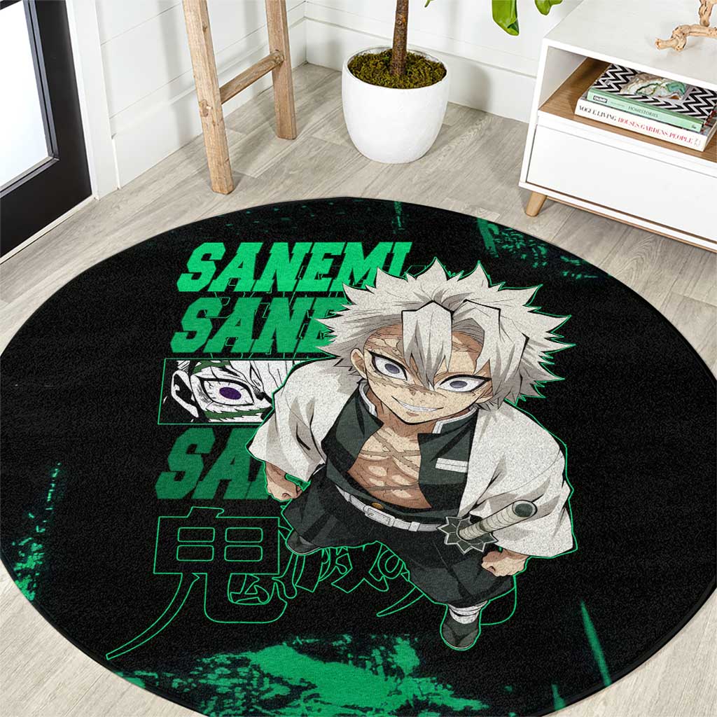 Sanemi Shinazugawa Demon Slayer Green and Black Grunge Round Carpet Design with Intense Eyes and Wind Hashira Theme - The Mazicc