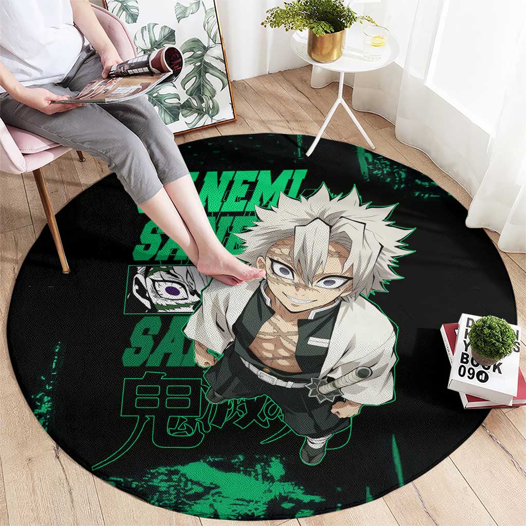 Sanemi Shinazugawa Demon Slayer Green and Black Grunge Round Carpet Design with Intense Eyes and Wind Hashira Theme - The Mazicc