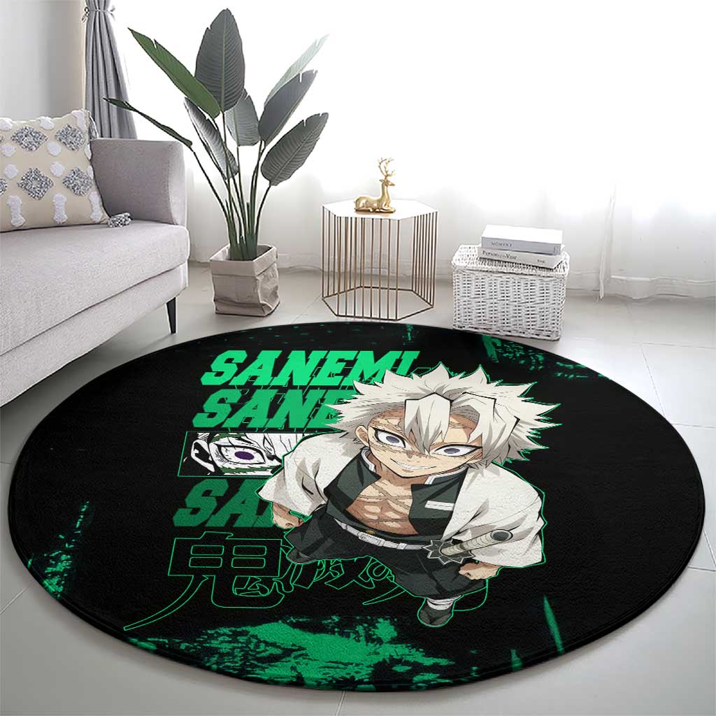 Sanemi Shinazugawa Demon Slayer Green and Black Grunge Round Carpet Design with Intense Eyes and Wind Hashira Theme - The Mazicc