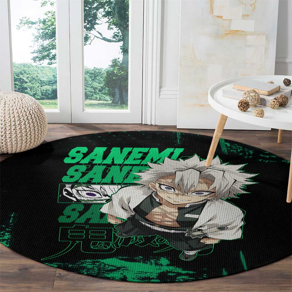 Sanemi Shinazugawa Demon Slayer Green and Black Grunge Round Carpet Design with Intense Eyes and Wind Hashira Theme - The Mazicc