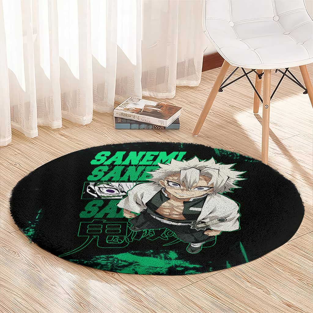 Sanemi Shinazugawa Demon Slayer Green and Black Grunge Round Carpet Design with Intense Eyes and Wind Hashira Theme - The Mazicc