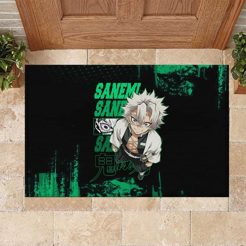 Sanemi Shinazugawa Demon Slayer Green and Black Grunge Rubber Doormat Design with Intense Eyes and Wind Hashira Theme - The Mazicc