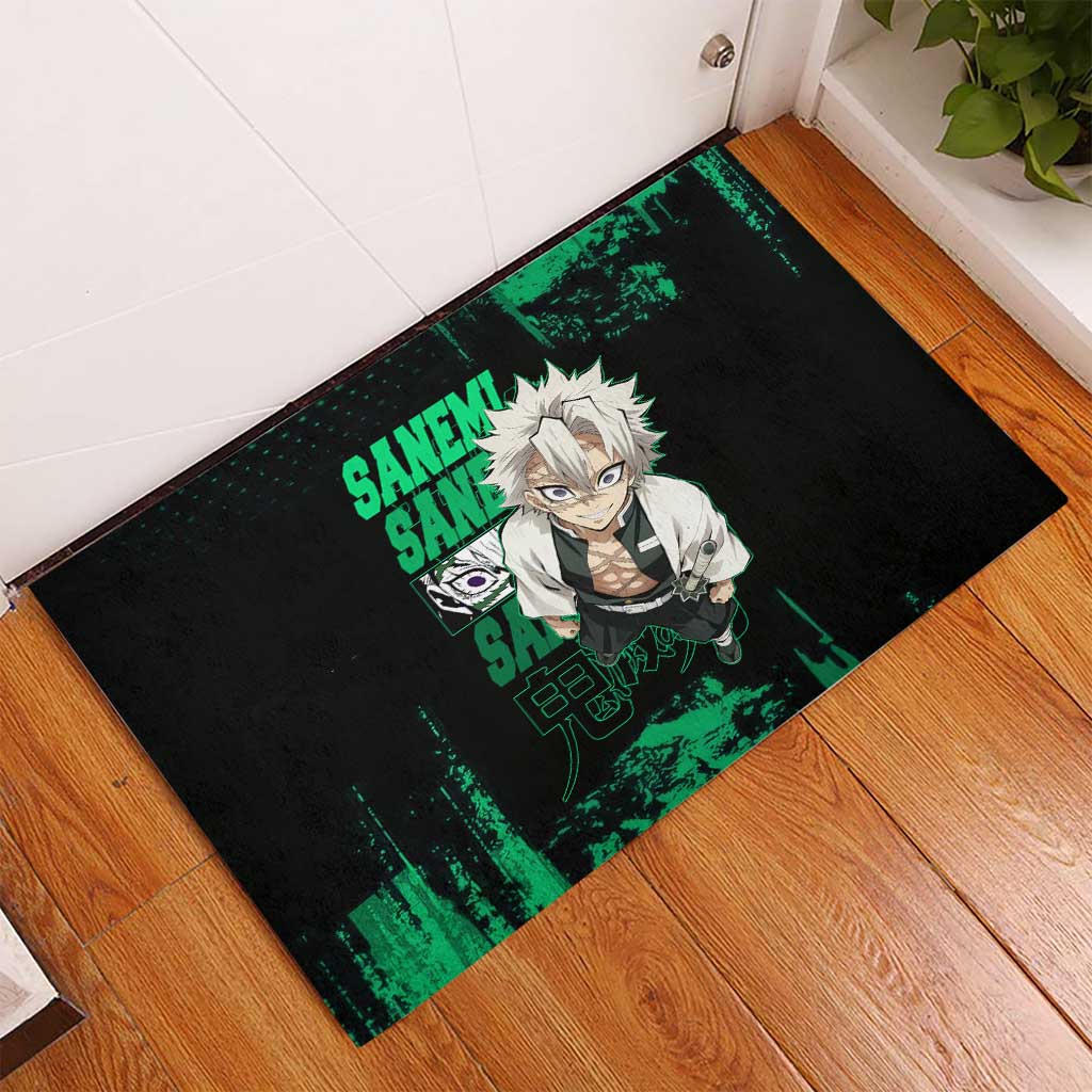 Sanemi Shinazugawa Demon Slayer Green and Black Grunge Rubber Doormat Design with Intense Eyes and Wind Hashira Theme - The Mazicc