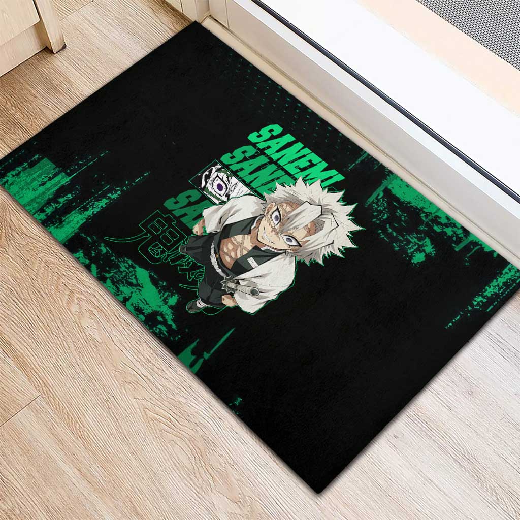 Sanemi Shinazugawa Demon Slayer Green and Black Grunge Rubber Doormat Design with Intense Eyes and Wind Hashira Theme - The Mazicc