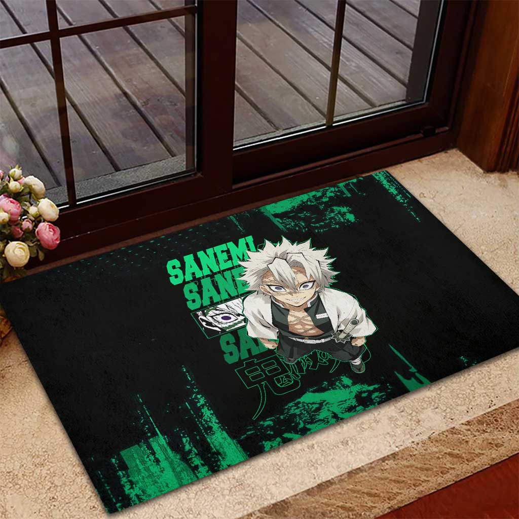 Sanemi Shinazugawa Demon Slayer Green and Black Grunge Rubber Doormat Design with Intense Eyes and Wind Hashira Theme - The Mazicc