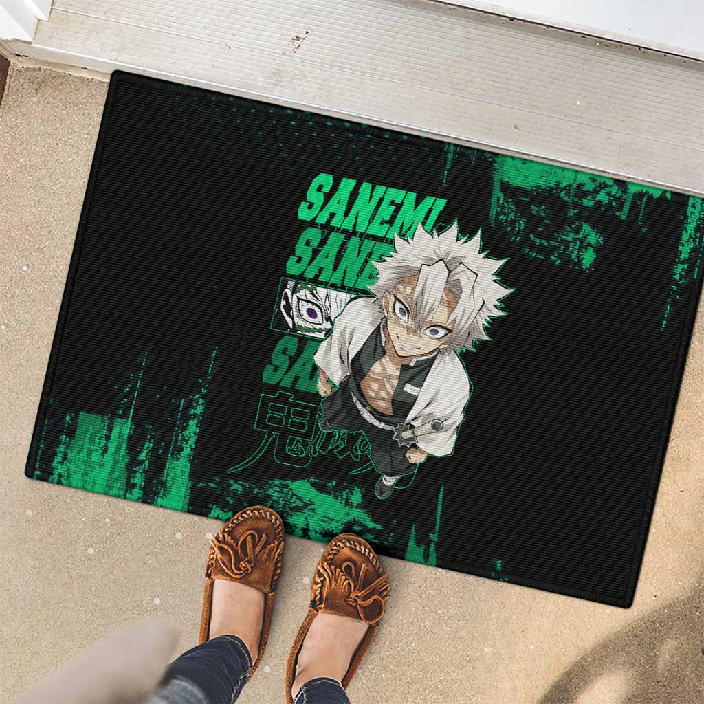 Sanemi Shinazugawa Demon Slayer Green and Black Grunge Rubber Doormat Design with Intense Eyes and Wind Hashira Theme - The Mazicc