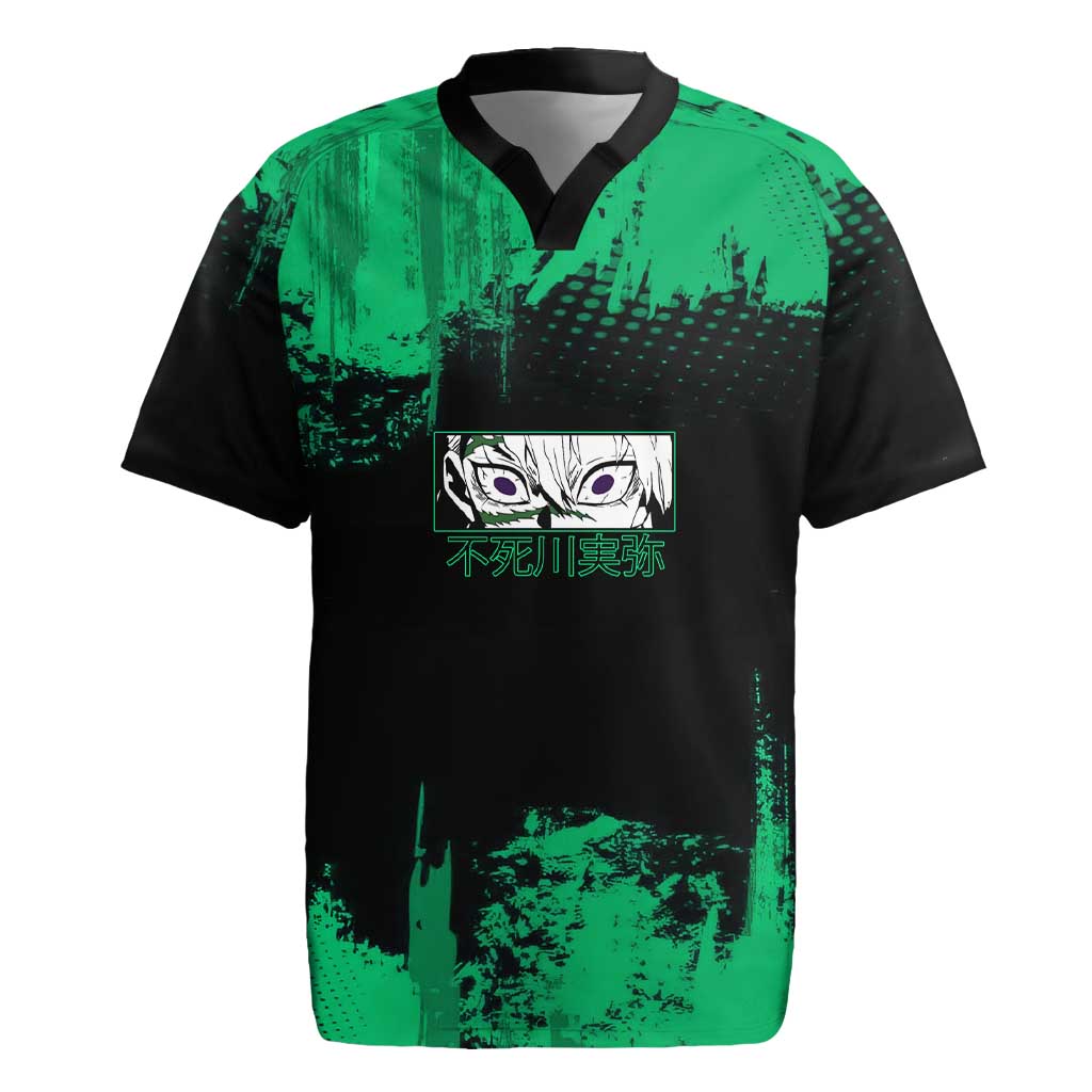 Sanemi Shinazugawa Demon Slayer Green and Black Grunge Rugby Jersey Design with Intense Eyes and Wind Hashira Theme - The Mazicc