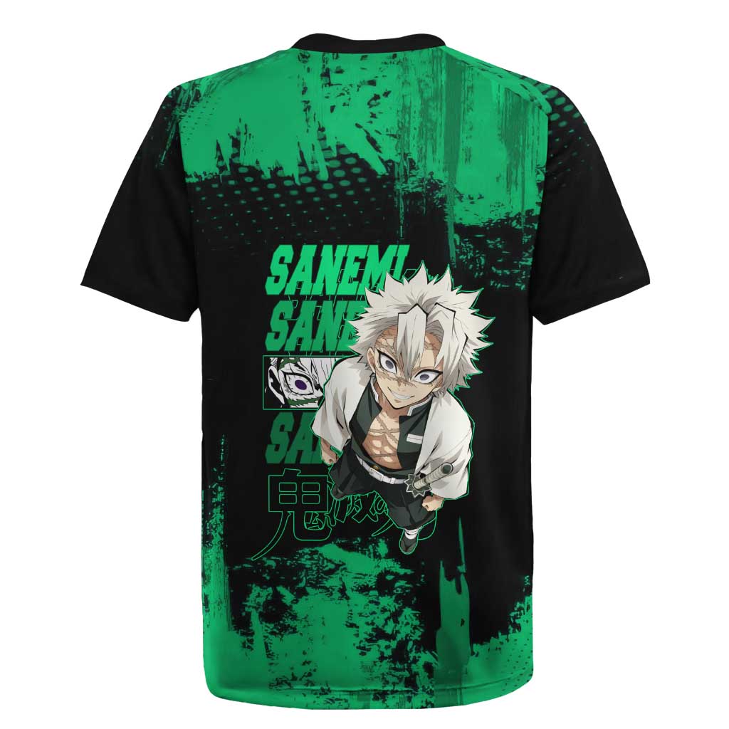 Sanemi Shinazugawa Demon Slayer Green and Black Grunge Rugby Jersey Design with Intense Eyes and Wind Hashira Theme - The Mazicc