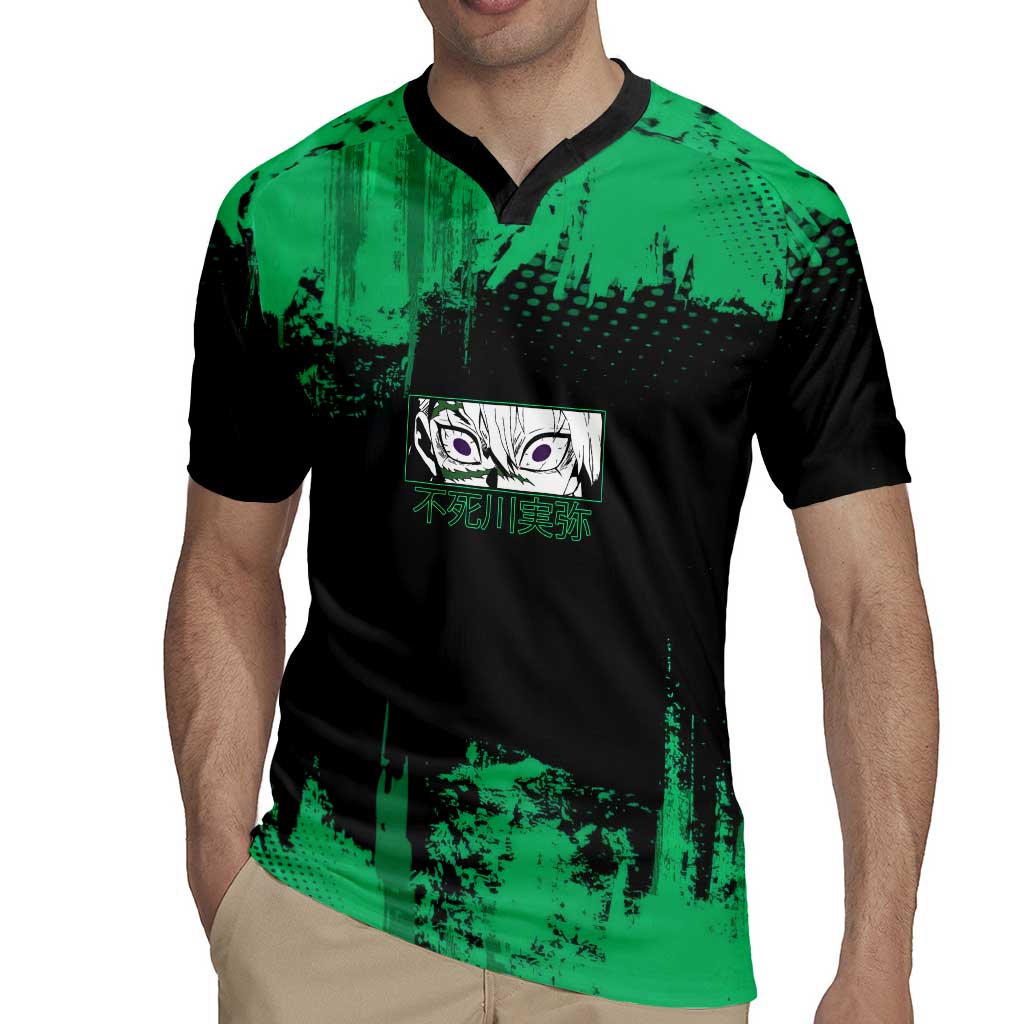 Sanemi Shinazugawa Demon Slayer Green and Black Grunge Rugby Jersey Design with Intense Eyes and Wind Hashira Theme - The Mazicc