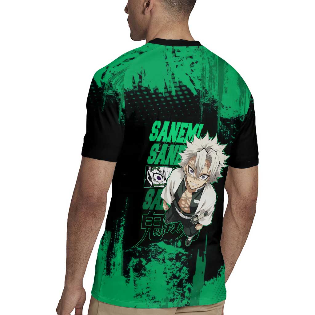 Sanemi Shinazugawa Demon Slayer Green and Black Grunge Rugby Jersey Design with Intense Eyes and Wind Hashira Theme - The Mazicc