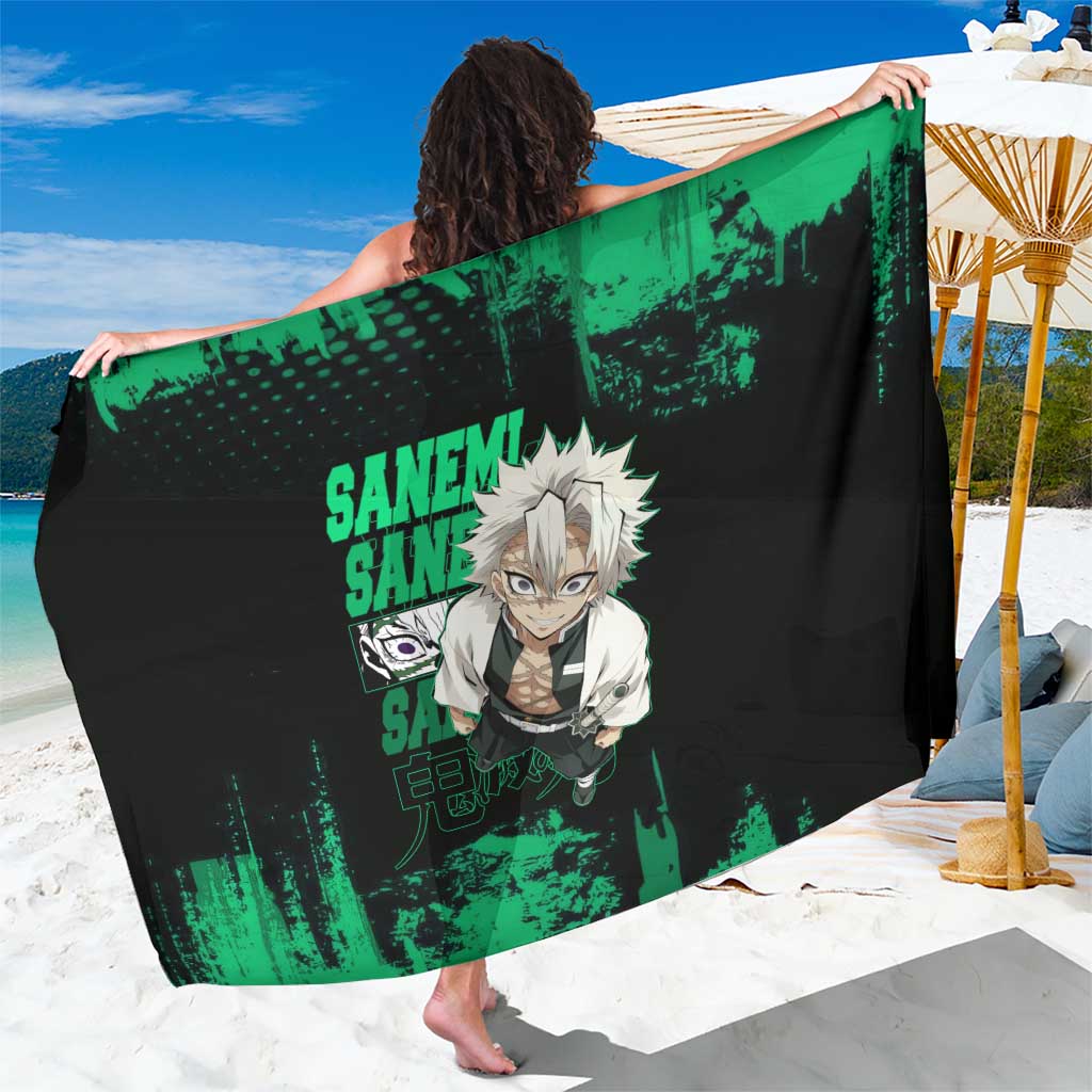 Sanemi Shinazugawa Demon Slayer Green and Black Grunge Sarong Design with Intense Eyes and Wind Hashira Theme - The Mazicc