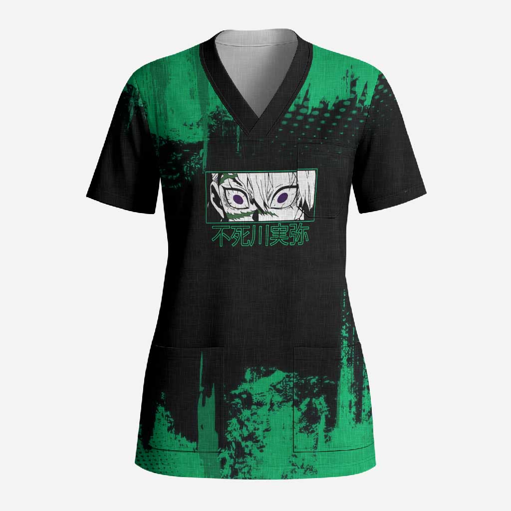 Sanemi Shinazugawa Demon Slayer Green and Black Grunge Scrub Top Design with Intense Eyes and Wind Hashira Theme - The Mazicc