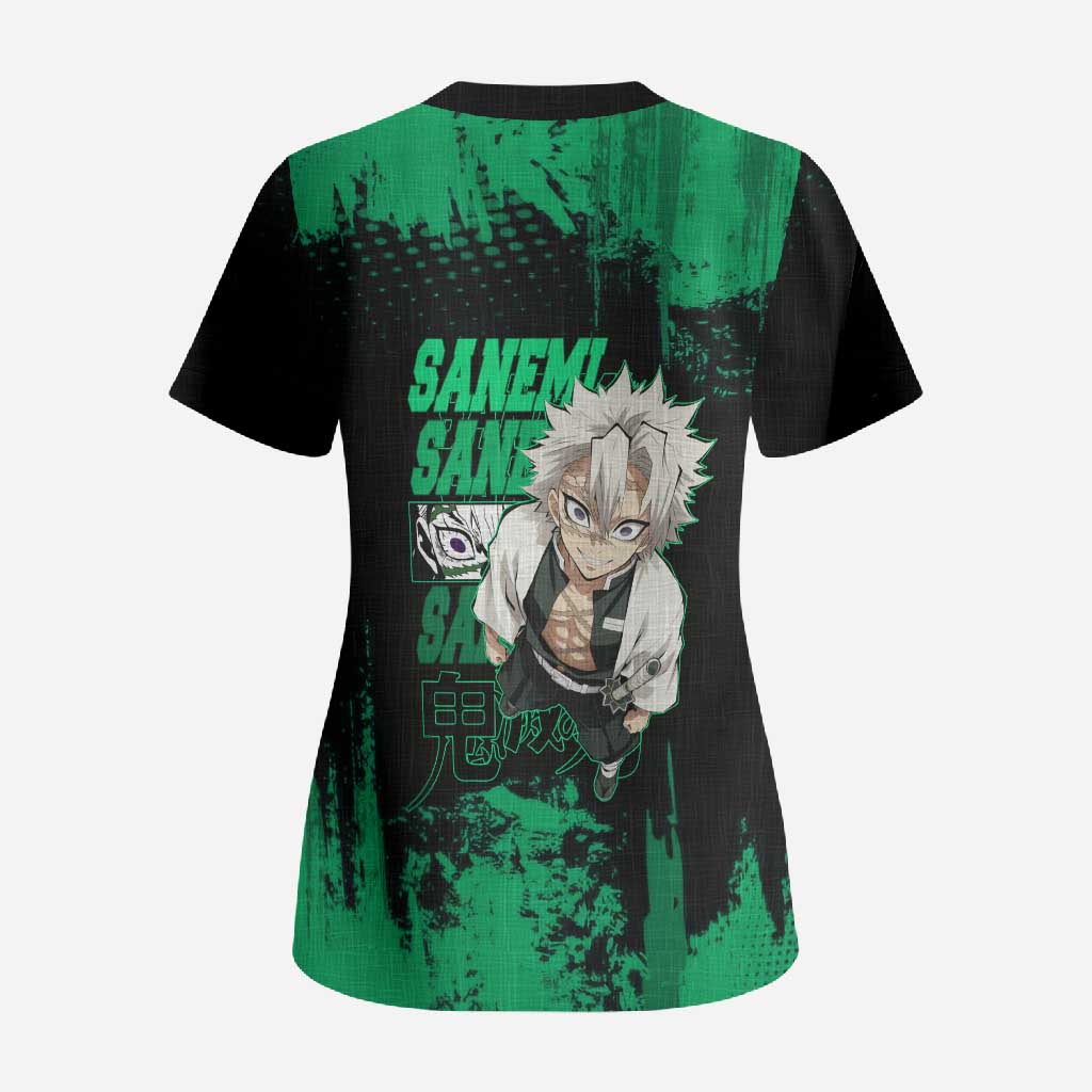 Sanemi Shinazugawa Demon Slayer Green and Black Grunge Scrub Top Design with Intense Eyes and Wind Hashira Theme - The Mazicc