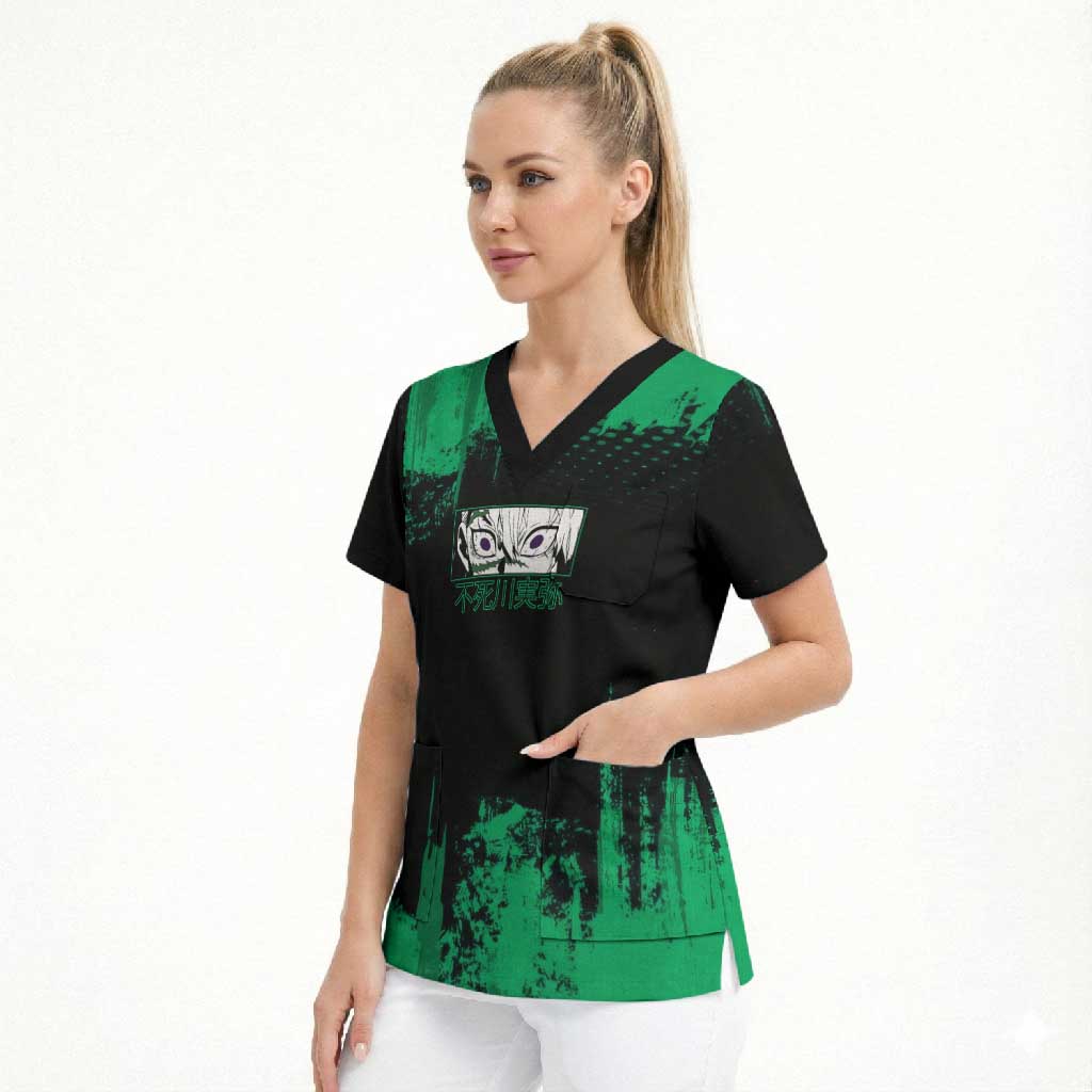 Sanemi Shinazugawa Demon Slayer Green and Black Grunge Scrub Top Design with Intense Eyes and Wind Hashira Theme - The Mazicc