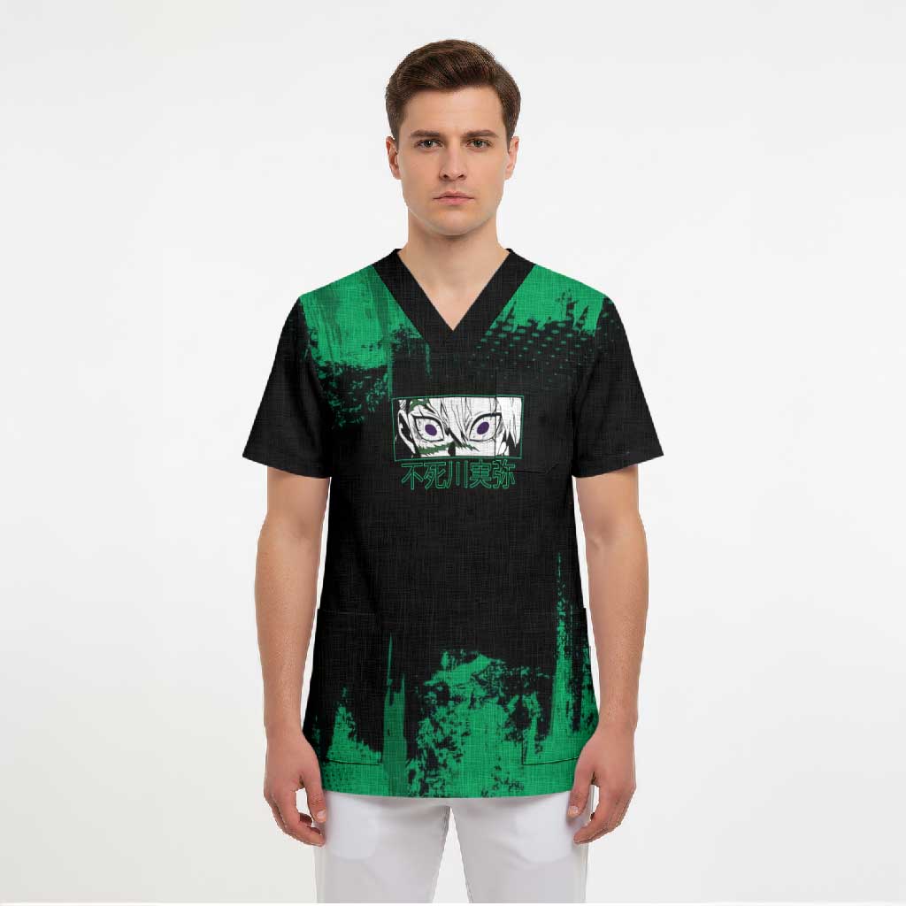 Sanemi Shinazugawa Demon Slayer Green and Black Grunge Scrub Top Design with Intense Eyes and Wind Hashira Theme - The Mazicc