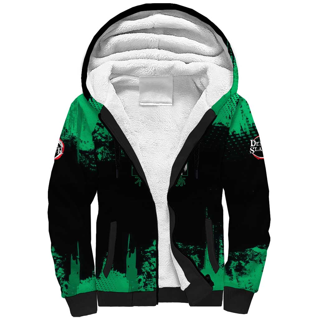 Sanemi Shinazugawa Demon Slayer Green and Black Grunge Sherpa Hoodie Design with Intense Eyes and Wind Hashira Theme - The Mazicc
