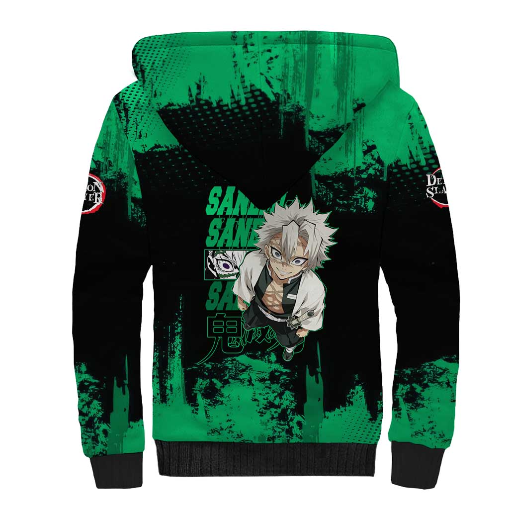 Sanemi Shinazugawa Demon Slayer Green and Black Grunge Sherpa Hoodie Design with Intense Eyes and Wind Hashira Theme - The Mazicc