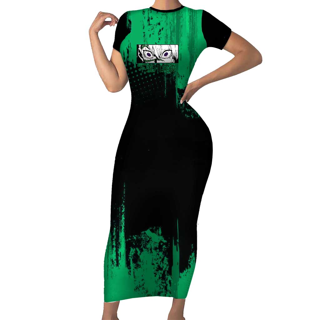 Sanemi Shinazugawa Demon Slayer Green and Black Grunge Short Sleeve Bodycon Dress Design with Intense Eyes and Wind Hashira Theme - The Mazicc