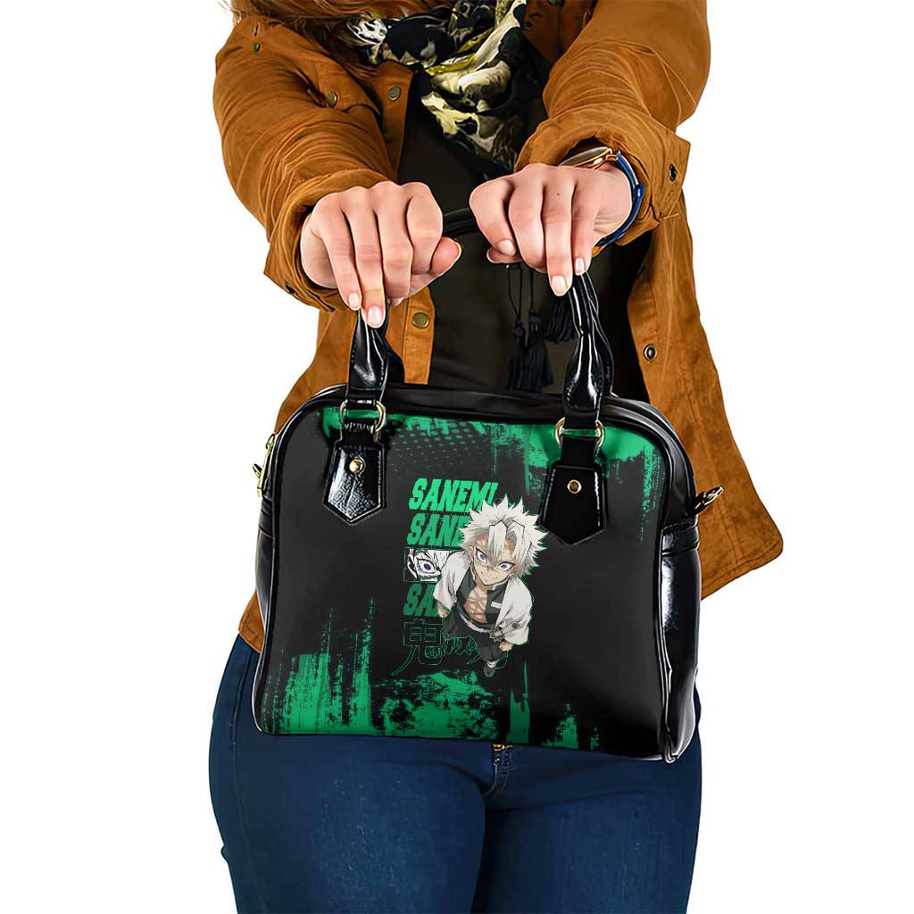 Sanemi Shinazugawa Demon Slayer Green and Black Grunge Shoulder Handbag Design with Intense Eyes and Wind Hashira Theme - The Mazicc
