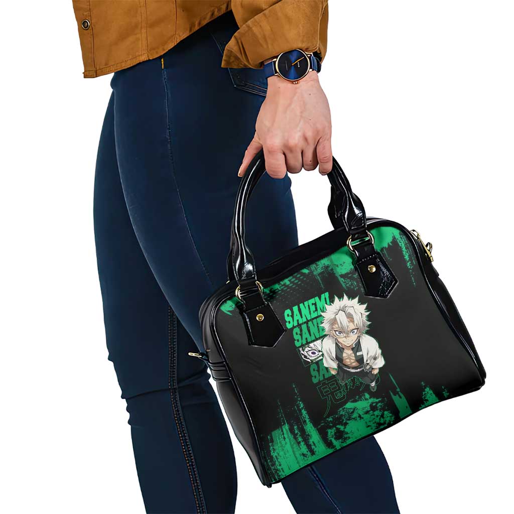 Sanemi Shinazugawa Demon Slayer Green and Black Grunge Shoulder Handbag Design with Intense Eyes and Wind Hashira Theme - The Mazicc