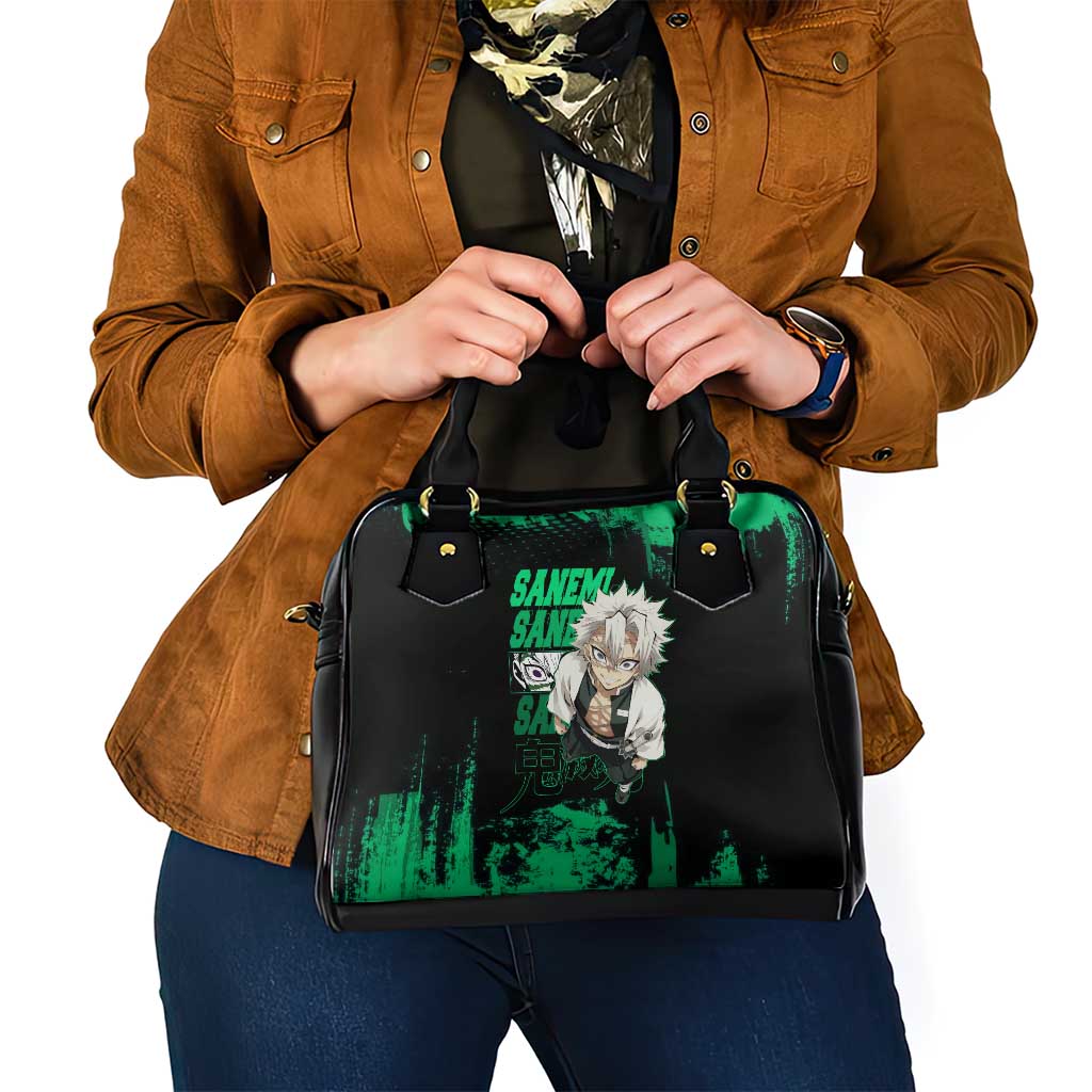 Sanemi Shinazugawa Demon Slayer Green and Black Grunge Shoulder Handbag Design with Intense Eyes and Wind Hashira Theme - The Mazicc