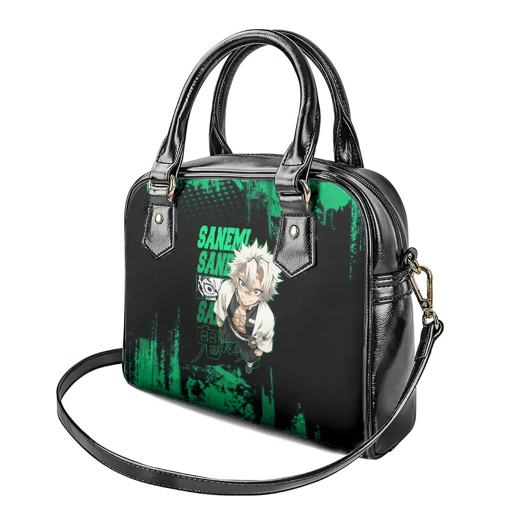 Sanemi Shinazugawa Demon Slayer Green and Black Grunge Shoulder Handbag Design with Intense Eyes and Wind Hashira Theme - The Mazicc