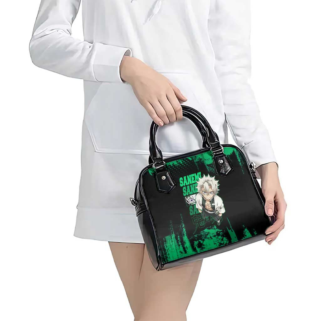 Sanemi Shinazugawa Demon Slayer Green and Black Grunge Shoulder Handbag Design with Intense Eyes and Wind Hashira Theme - The Mazicc