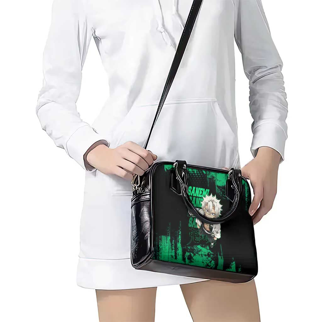 Sanemi Shinazugawa Demon Slayer Green and Black Grunge Shoulder Handbag Design with Intense Eyes and Wind Hashira Theme - The Mazicc